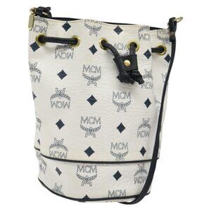 Authentic MCM Logogram Vicetos Shoulder Bag PVC Leather White Gold